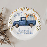 Blauw Pompoen Truck Baby shower Papier Papieren Bordje<br><div class="desc">Blue Pumpkin Truck Baby shower Paper Paper Bord Boy's herfst gebladerte pompoen truck baby shower papier bord met een donkerblauwe truck en lichtblauwe en oranje pompoenen. Dit ontwerp heeft ook wat bruin gebladerte en stippen. Deze herfst thema pompoen truck jongen baby shower bord is ideaal voor een baby jongen herfst...</div>