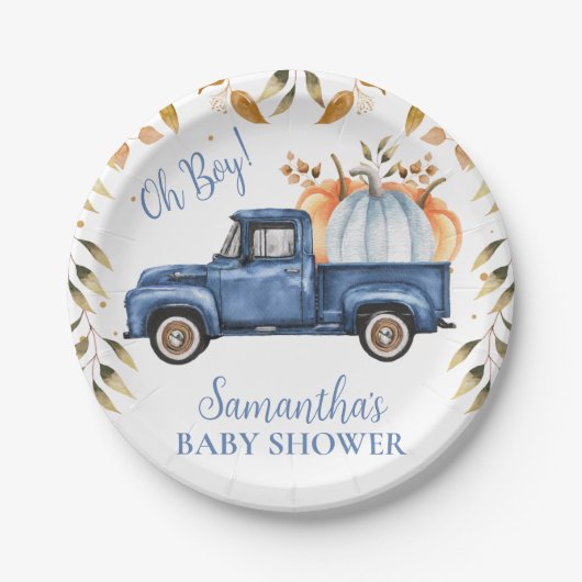 Blauw Pompoen Truck Baby shower Papier Papieren Bordje (Voorkant)