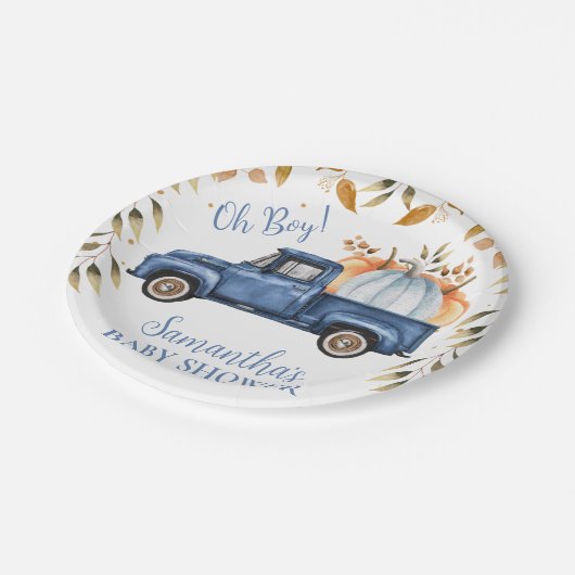 Blauw Pompoen Truck Baby shower Papier Papieren Bordje (Gekanteld)