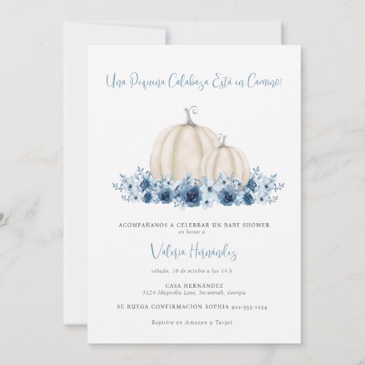 Blauw pompoen tweetalig Spaans Engels Baby shower Kaart (Achterkant)