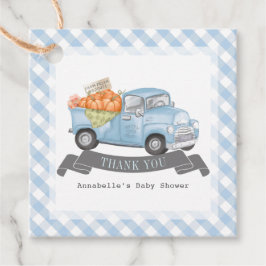 Blauw pompoen vrachtwagen Gingham Boy Baby shower Bedankjes Labels