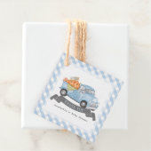 Blauw pompoen vrachtwagen Gingham Boy Baby shower Bedankjes Labels (In situ)