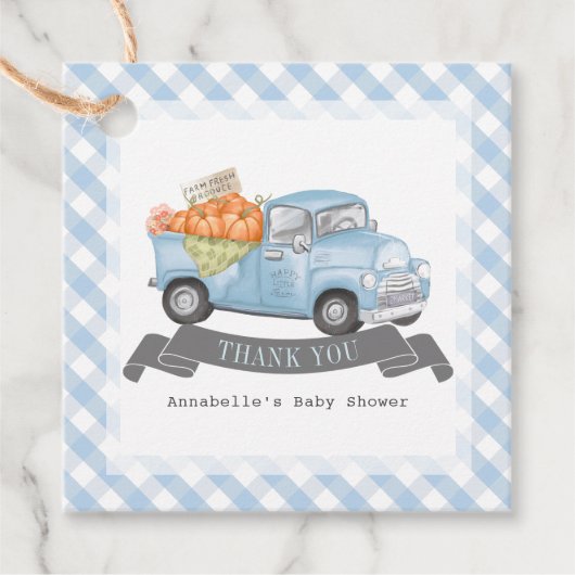 Blauw pompoen vrachtwagen Gingham Boy Baby shower Bedankjes Labels (Voorkant)