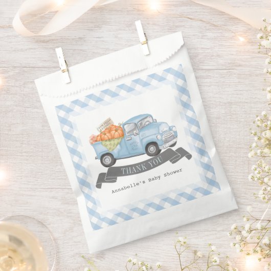 Blauw pompoen vrachtwagen Gingham Boy Baby shower Bedankzakje (Geknipt)