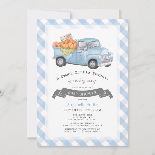 Blauw pompoen vrachtwagen Gingham Boy Baby shower Kaart (Voorkant)