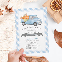 Blauw pompoen vrachtwagen Gingham Boy Baby shower Kaart