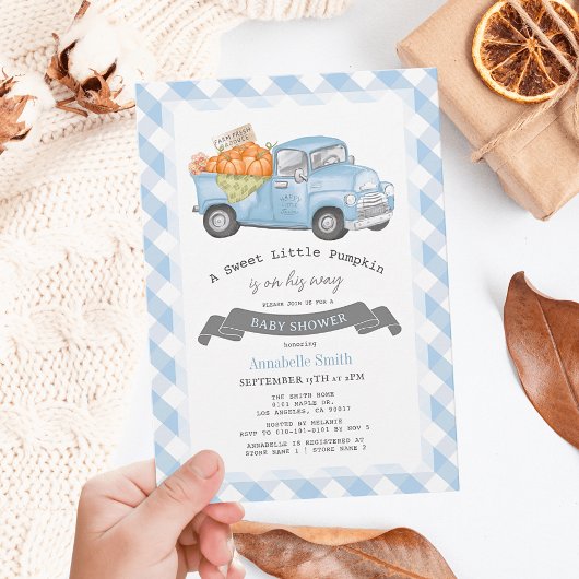 Blauw pompoen vrachtwagen Gingham Boy Baby shower Kaart