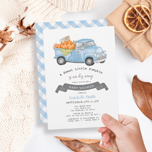 Blauw pompoen vrachtwagen Gingham Boy Baby shower Kaart