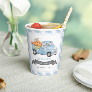 Blauw pompoen vrachtwagen Gingham Boy Baby shower Papieren Bekers