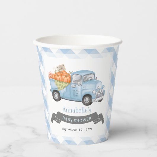 Blauw pompoen vrachtwagen Gingham Boy Baby shower Papieren Bekers (Voorkant)