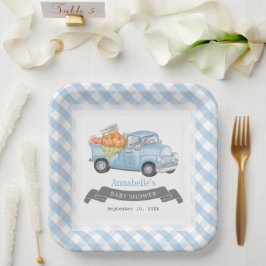 Blauw pompoen vrachtwagen Gingham Boy Baby shower Papieren Bordje