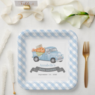 Blauw pompoen vrachtwagen Gingham Boy Baby shower Papieren Bordje