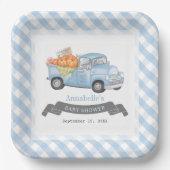 Blauw pompoen vrachtwagen Gingham Boy Baby shower Papieren Bordje (Voorkant)
