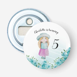 Blauw poppenmeisje Aquarel Handgeschilderd Button Flesopener