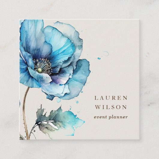 Blauw Poppy Flower Elegant Visitekaartje (Voorkant)