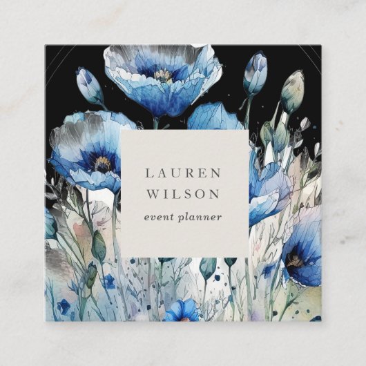 Blauw Poppy Flower Elegant Visitekaartje (Voorkant)
