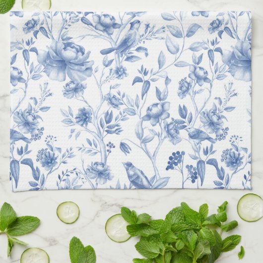 Blauw, porselein, blauw porselein, bloementoilet,  theedoek (Gevouwen)