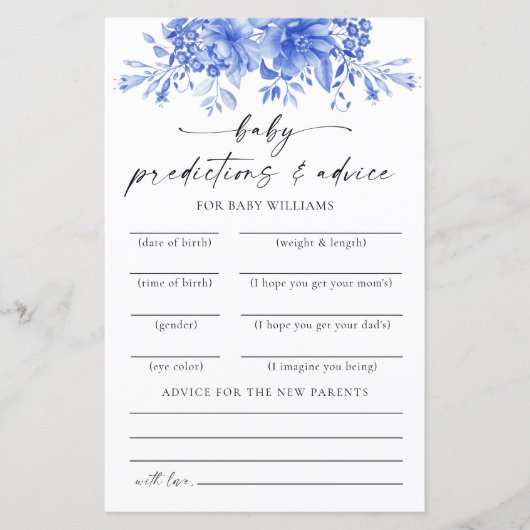 Blauw Porselein Bloemen Baby shower Voorspellingen (Voorkant)