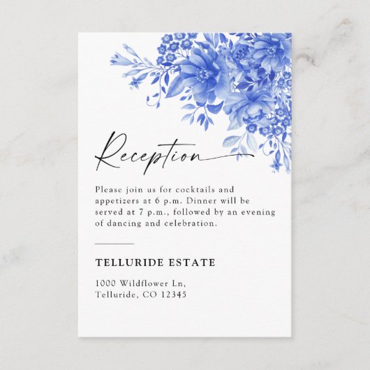 Blauw Porselein Bloemen Bruiloft Receptie Informatiekaartje (Voorkant)
