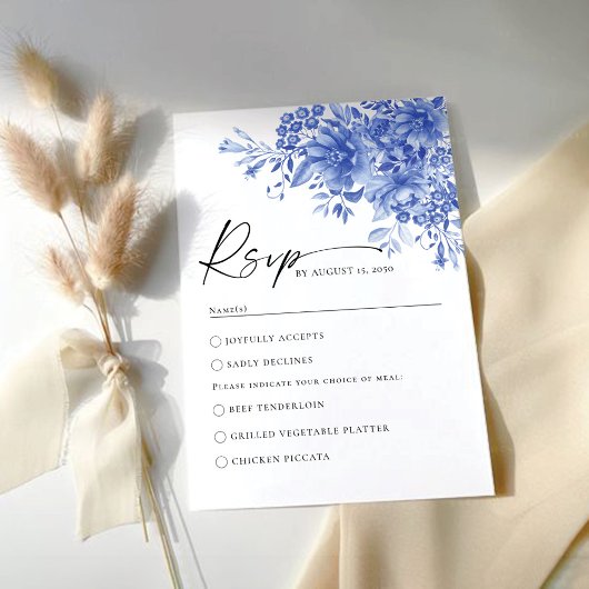 Blauw Porselein Bloemen Bruiloft RSVP Kaart