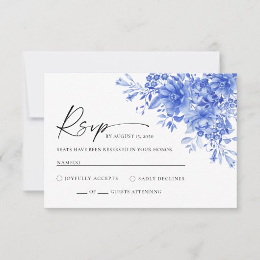 Blauw Porselein Bloemen Bruiloft RSVP Kaart (Voorkant)