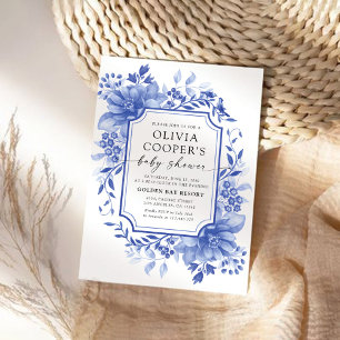 Blauw Porselein Bloemen Chinoiserie Baby shower Kaart