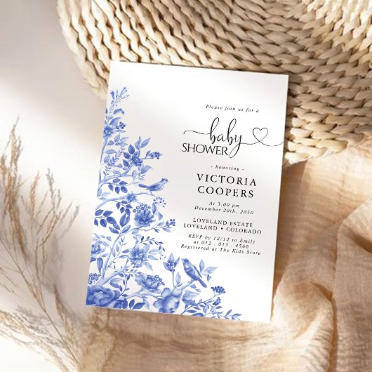 Blauw Porselein Bloemen Chinoiserie Baby shower Kaart