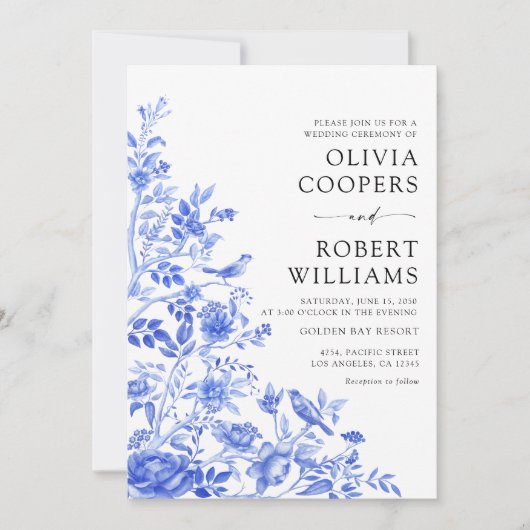 Blauw Porselein Bloemen Chinoiserie Bruiloft Kaart (Voorkant)