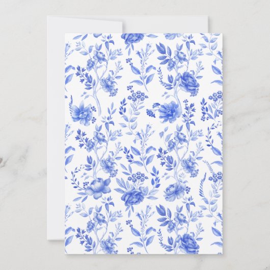 Blauw Porselein Bloemen Chinoiserie Bruiloft Kaart (Achterkant)