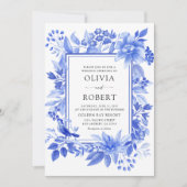 Blauw Porselein Bloemen Chinoiserie Bruiloft Kaart (Voorkant)