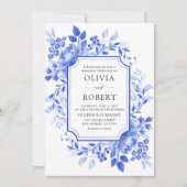 Blauw Porselein Bloemen Chinoiserie Bruiloft Kaart (Voorkant)