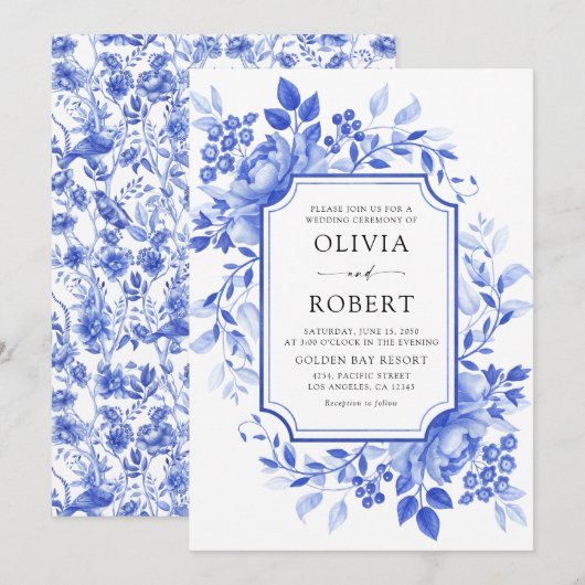 Blauw Porselein Bloemen Chinoiserie Bruiloft Kaart (Voorkant / Achterkant)