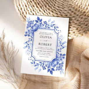 Blauw Porselein Bloemen Chinoiserie Bruiloft Kaart