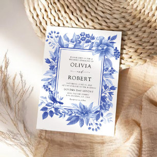 Blauw Porselein Bloemen Chinoiserie Bruiloft Kaart