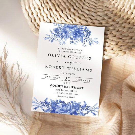 Blauw Porselein Bloemen Chinoiserie Bruiloft Kaart