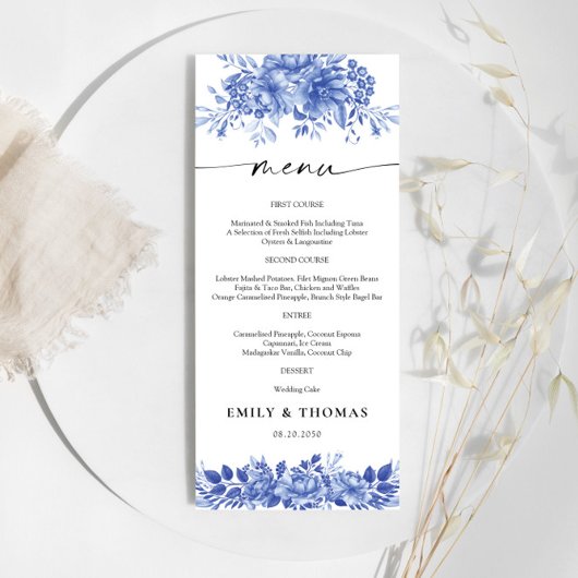 Blauw Porselein Bloemen Chinoiserie Bruiloft Menu