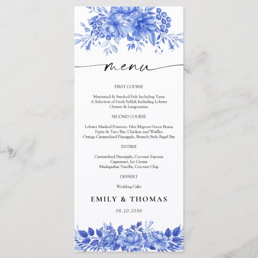 Blauw Porselein Bloemen Chinoiserie Bruiloft Menu (Voorkant)