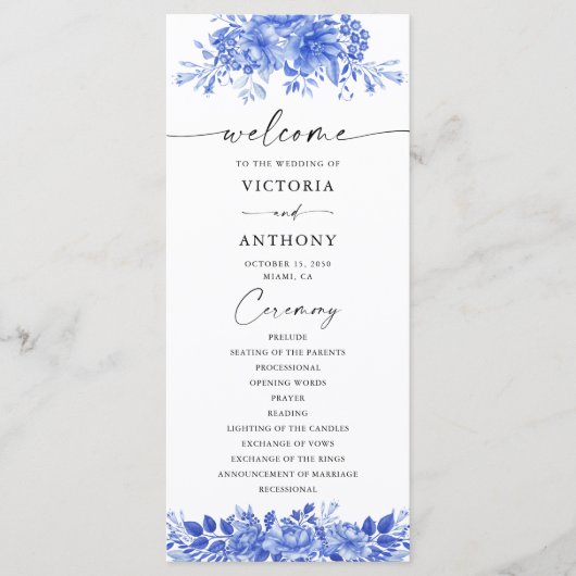 Blauw Porselein Bloemen Chinoiserie Bruiloft Programmakaart (Voorkant)