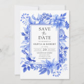 Blauw Porselein Bloemen Chinoiserie Save The Date (Voorkant)