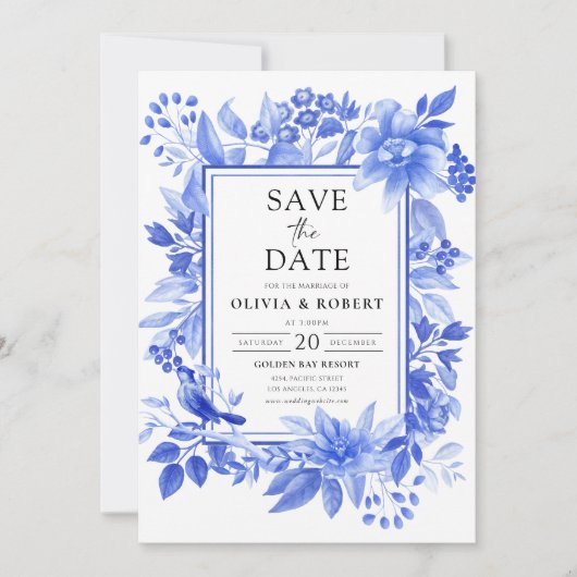 Blauw Porselein Bloemen Chinoiserie Save The Date (Voorkant)