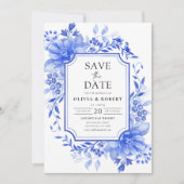 Blauw Porselein Bloemen Chinoiserie Save The Date (Voorkant)