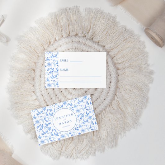 Blauw porselein bloemenfolk bruiloft Flat Place Ca Plaatskaartje