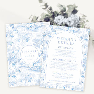 Blauw porselein boho bloemenbruiloft details kaart