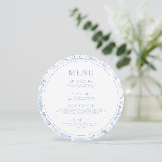 Blauw Porselein Boho Wedding Menu Instant Download Kaart (Staand voorkant)