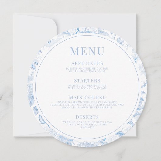 Blauw Porselein Boho Wedding Menu Instant Download Kaart (Voorkant)