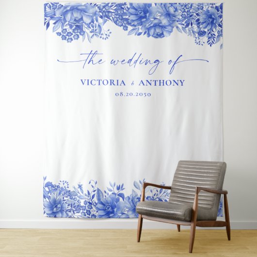 Blauw Porselein Bruiloft Achtergronden Wandkleed (In situ)
