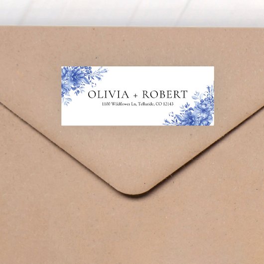 Blauw Porselein Bruiloft Retouradres Label
