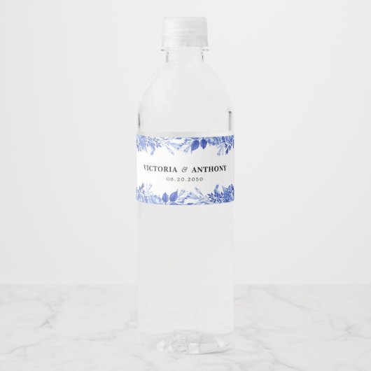 Blauw Porselein Bruiloft Water Fles Labels Waterfles Etiket (Voorkant)
