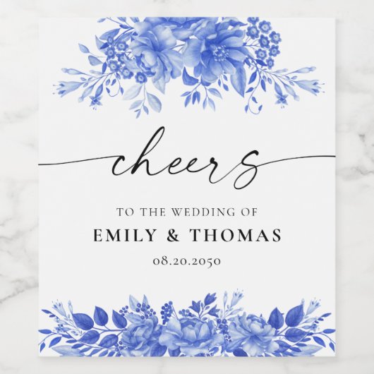 Blauw Porselein Bruiloft Wijn Etiket (Enkel label)