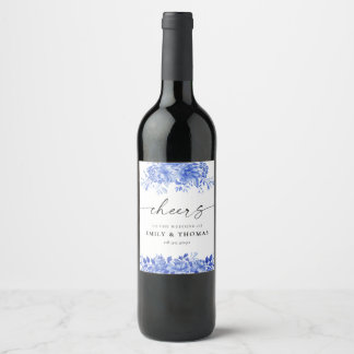Blauw Porselein Bruiloft Wijn Etiket
